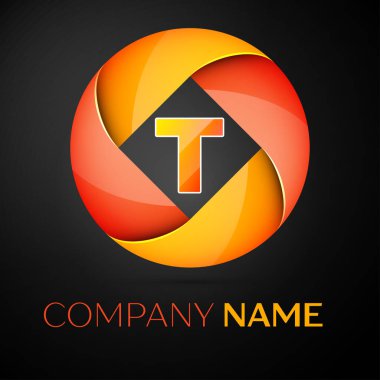 T harfinin vektör logo sembol siyah arka plan üzerinde renkli daire içinde. Tasarımınız için vektör şablonu