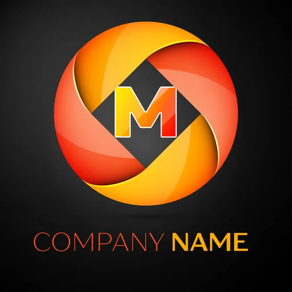 Letra M símbolo del logotipo del vector en el círculo de colores sobre fondo negro. Plantilla vectorial para su diseño — Vector de stock