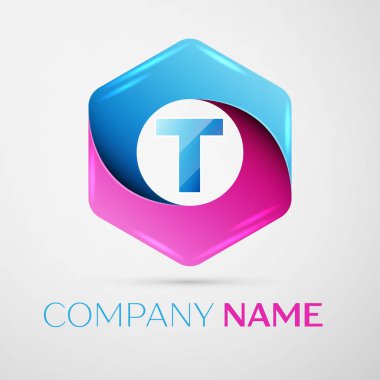 T harfinin vektör logo simge renkli gri arka plan üzerine altıgen. Tasarımınız için vektör şablonu