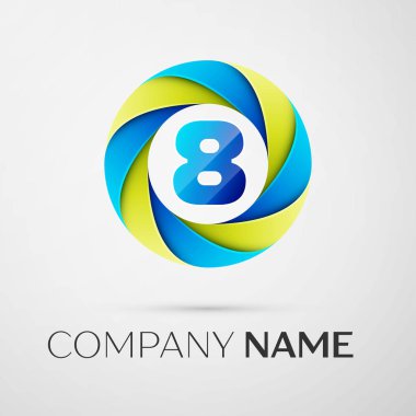 Sekiz numaralı vektör logo sembol gri arka plan üzerinde renkli daire içinde. Tasarımınız için vektör şablonu