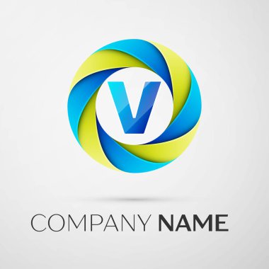 Harf V vektör logo sembol gri arka plan üzerinde renkli daire içinde. Tasarımınız için vektör şablonu
