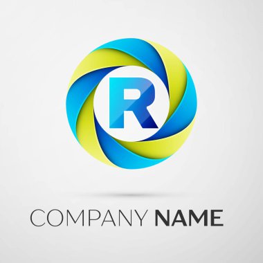 Harf R vektör logo sembol gri arka plan üzerinde renkli daire içinde. Tasarımınız için vektör şablonu