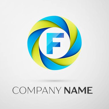 F harfi vektör logo sembol gri arka plan üzerinde renkli daire içinde. Tasarımınız için vektör şablonu