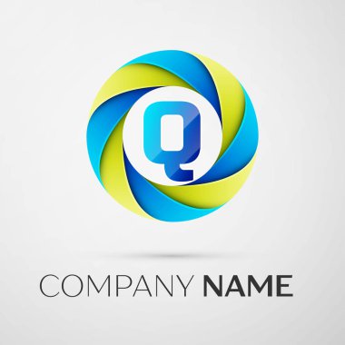 Harf Q vektör logo sembol gri arka plan üzerinde renkli daire içinde. Tasarımınız için vektör şablonu