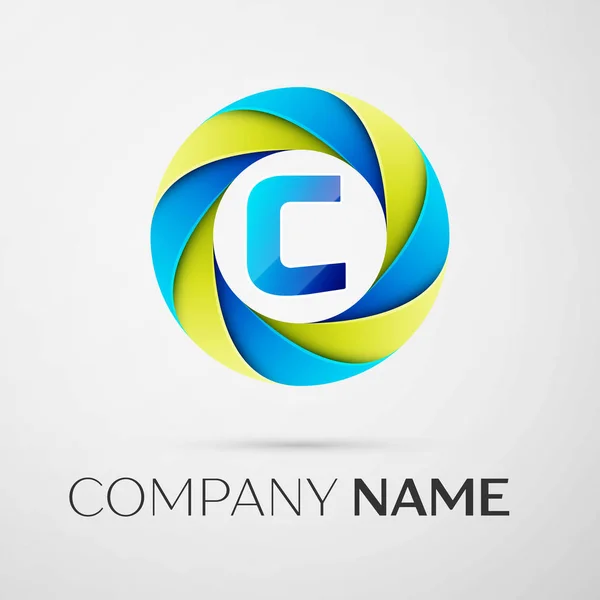 Letter C vector logo symbool in de kleurrijke cirkel op een grijze achtergrond. Vector sjabloon voor uw ontwerp — Stockvector