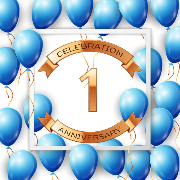 Balões azuis realistas com fita no centro de texto dourado celebração aniversário de um ano com fitas em quadro quadrado branco sobre fundo branco. Ilustração vetorial —  Vetores de Stock