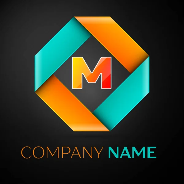 Letter M vector logo symbol in the colorful rhombus on black background. Vector template for your design — Stock Vector