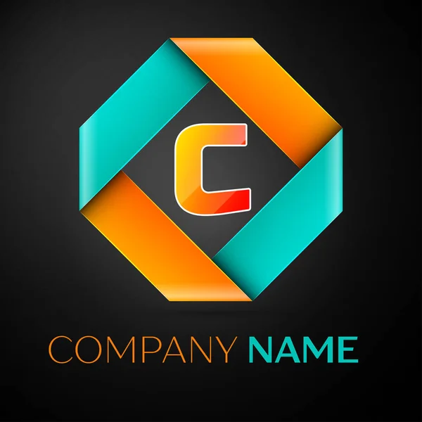 Letter C vector logo symbol in the colorful rhombus on black background. Vector template for your design — Stock Vector