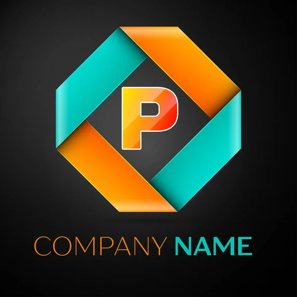 Letter P vector logo symbol in the colorful rhombus on black background. Vector template for your design — Stock Vector