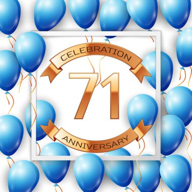 Merkezi altın metin yetmiş bir yıl yıldönümü kutlamaları şeritte beyaz arka plan üzerinde beyaz kare çerçeve içinde şeritler ile gerçekçi mavi balonlar. Vektör çizim