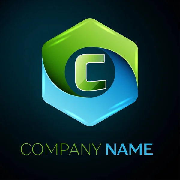 Letter C vector logo symbol in the colorful hexagonal on black background. Vector template for your design — Stock Vector