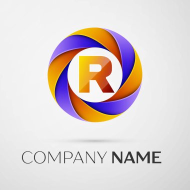 Harf R vektör logo sembol gri arka plan üzerinde renkli daire içinde. Tasarımınız için vektör şablonu