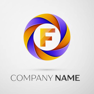 F harfi vektör logo sembol gri arka plan üzerinde renkli daire içinde. Tasarımınız için vektör şablonu