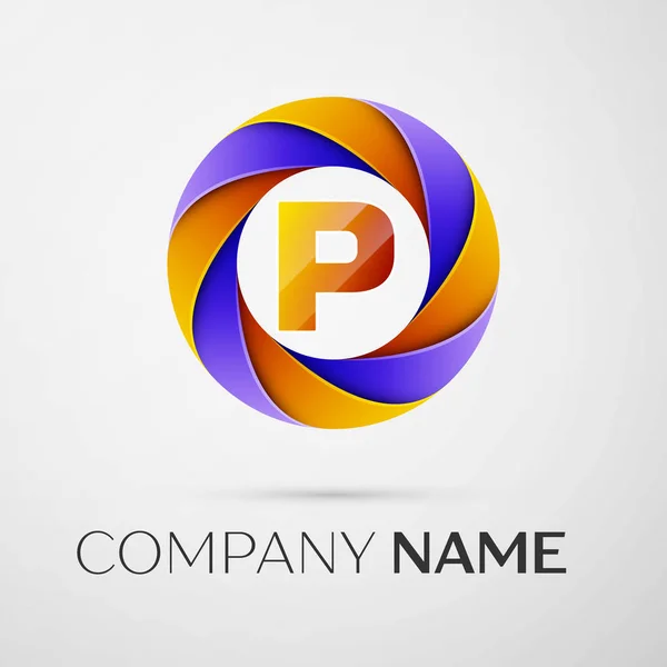 Letter P vector logo symbol in the colorful circle on grey background. Vector template for your design — Stock Vector