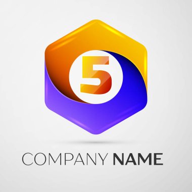 Beş numaralı vektör logo simge renkli gri arka plan üzerine altıgen. Tasarımınız için vektör şablonu