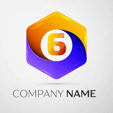 Altı numaralı vektör logo simge renkli gri arka plan üzerine altıgen. Tasarımınız için vektör şablonu
