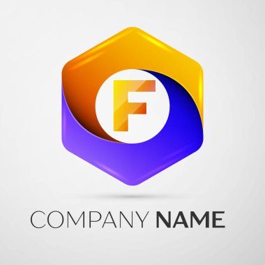 F harfi vektör logo simge renkli gri arka plan üzerine altıgen. Tasarımınız için vektör şablonu