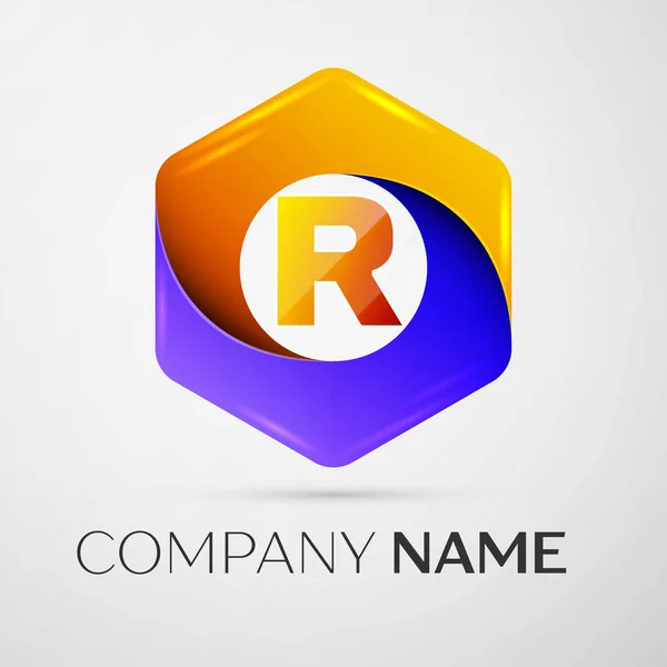 Letter R vector logo symbol in the colorful hexagonal on grey background. Vector template for your design — Stock Vector
