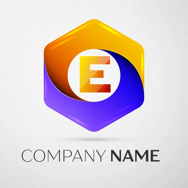 Γράμμα E διάνυσμα λογότυπο σύμβολο για το πολύχρωμο εξαγωνικό σε γκρι φόντο. Διάνυσμα πρότυπο για το σχεδιασμό σας — Διανυσματικό Αρχείο