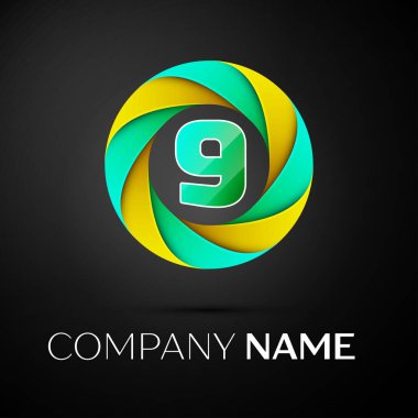 Dokuz numaralı vektör logo sembol siyah arka plan üzerinde renkli daire içinde. Tasarımınız için vektör şablonu