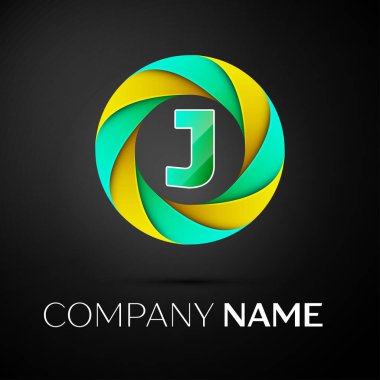 J harfi vektör logo sembol siyah arka plan üzerinde renkli daire içinde. Tasarımınız için vektör şablonu