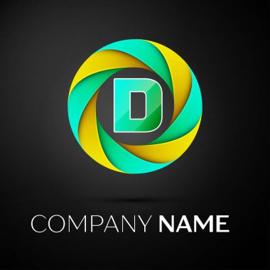D harfi vektör logo sembol siyah arka plan üzerinde renkli daire içinde. Tasarımınız için vektör şablonu