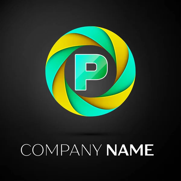 Letter P vector logo symbol in the colorful circle on black background. Vector template for your design — Stock Vector