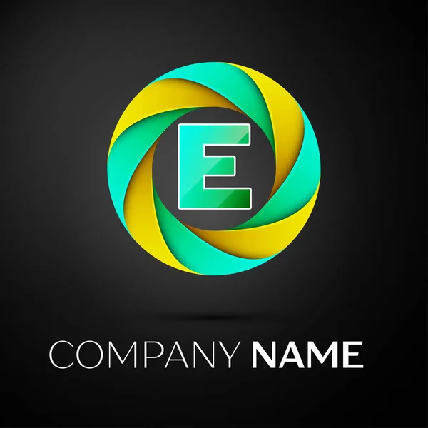Letter E vector logo symbol in the colorful circle on black background. Vector template for your design — Stock Vector