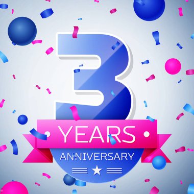 Gri arka plan üzerinde üç yıl yıldönümü kutlamaları. Yıldönümü şerit