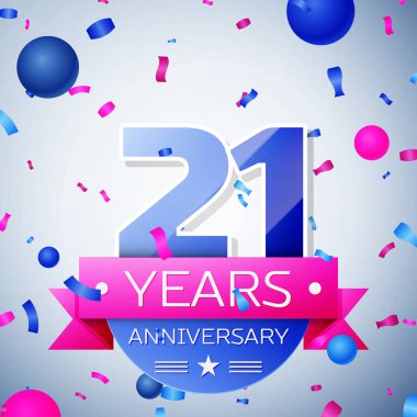 Yirmi bir yıl yıldönümü kutlamaları gri arka plan üzerinde. Yıldönümü şerit