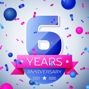 Altı yıl yıldönümü kutlamaları gri arka plan üzerinde. Yıldönümü şerit