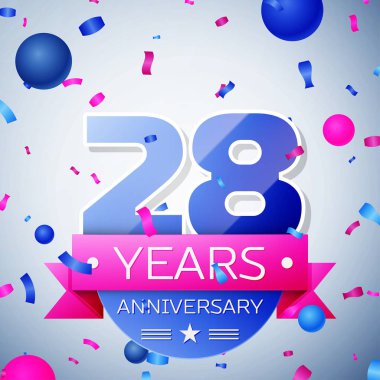 Yirmi sekiz yıl yıldönümü kutlamaları gri arka plan üzerinde. Yıldönümü şerit