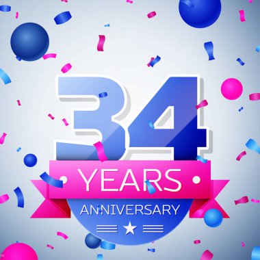 Otuz dört yıl yıldönümü kutlamaları gri arka plan üzerinde. Yıldönümü şerit