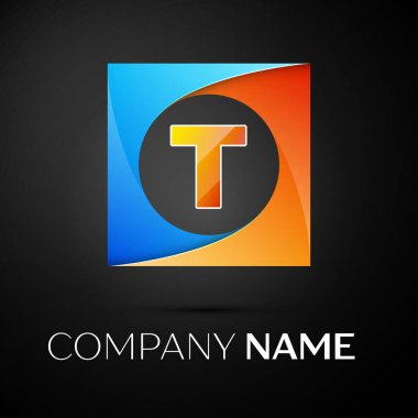 T harfinin vektör logo sembol siyah arka plan üzerinde renkli meydanında. Tasarımınız için vektör şablonu