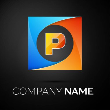 Mektup P logo sembol siyah arka plan üzerinde renkli meydanında vektör. Tasarımınız için vektör şablonu