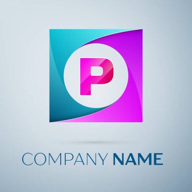 Mektup P gri arka plan üzerinde renkli kare logo simge vektör. Tasarımınız için vektör şablonu