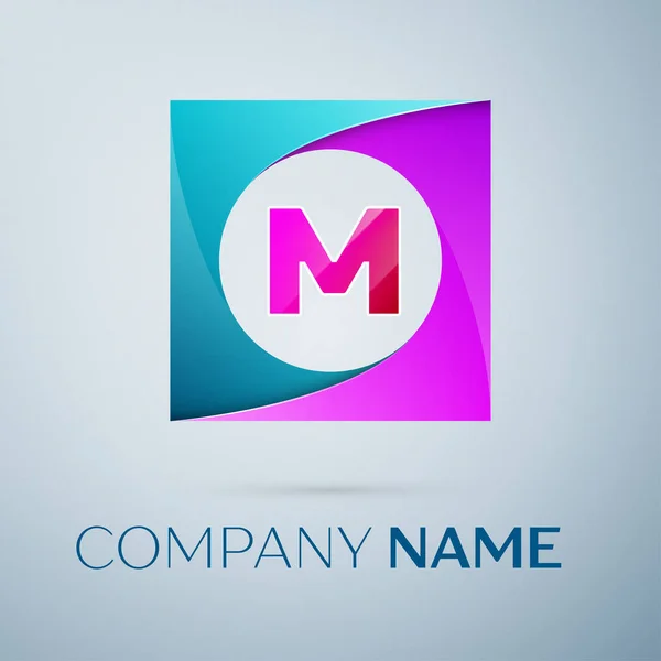 Символ векторного логотипа буквы М на красочном квадрате на сером фоне. Векторный шаблон для Вашего дизайна — стоковый вектор