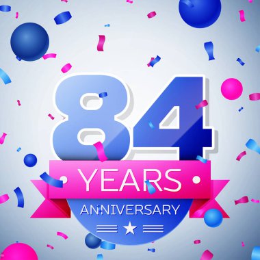 Seksen dört yıl yıldönümü kutlamaları gri arka plan üzerinde. Yıldönümü şerit