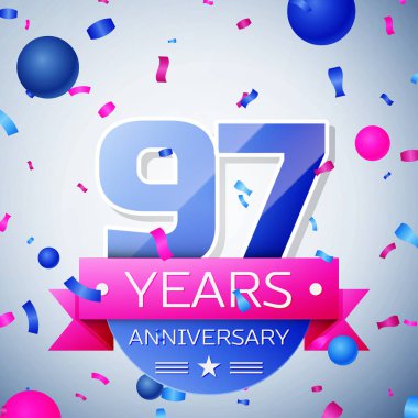 Doksan yedi yıl yıldönümü kutlamaları gri arka plan üzerinde. Yıldönümü şerit