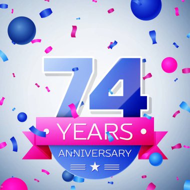 Yetmiş dört yıl yıldönümü kutlamaları gri arka plan üzerinde. Yıldönümü şerit