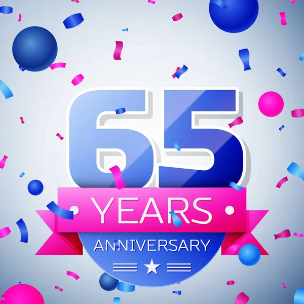 Sesenta y cinco años de celebración del aniversario sobre fondo gris. Cinta de aniversario — Vector de stock