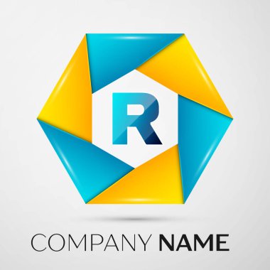 Harf R vektör logo sembol gri arka plan üzerinde renkli daire içinde. Tasarımınız için vektör şablonu