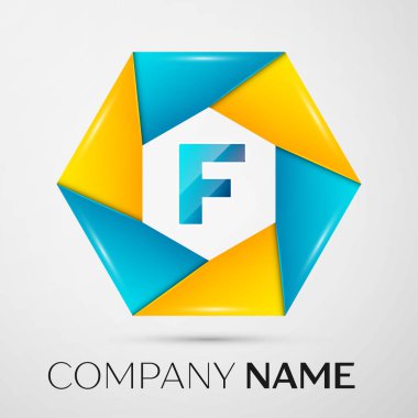 F harfi vektör logo sembol gri arka plan üzerinde renkli daire içinde. Tasarımınız için vektör şablonu