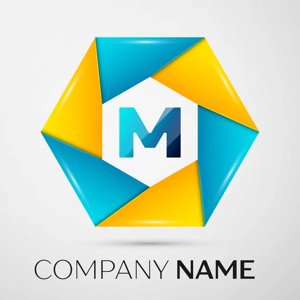 Γράμμα M σύμβολο λογότυπο φορέα στον πολύχρωμο κύκλο σε γκρι φόντο. Διάνυσμα πρότυπο για το σχεδιασμό σας — Διανυσματικό Αρχείο