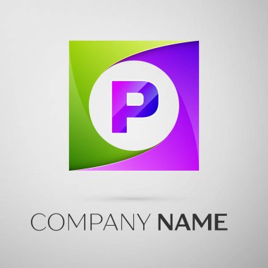 Mektup P gri arka plan üzerinde renkli kare logo simge vektör. Tasarımınız için vektör şablonu