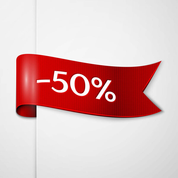 Red ribbon with inscription 50 percent discounts on grey background. Vector illustration.