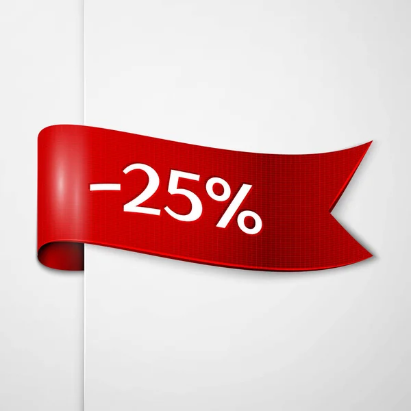 Rotes Band mit Aufschrift 25 Prozent Rabatt auf grauem Hintergrund. Vektorillustration. — Stockvektor