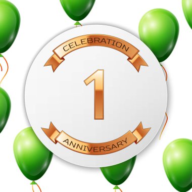 Beyaz daire kağıt afiş altın şerit ile altın bir yıl yıldönümü kutlamaları. Beyaz arka plan üzerinde gerçekçi yeşil balonlar kurdele ile. Vektör çizim.