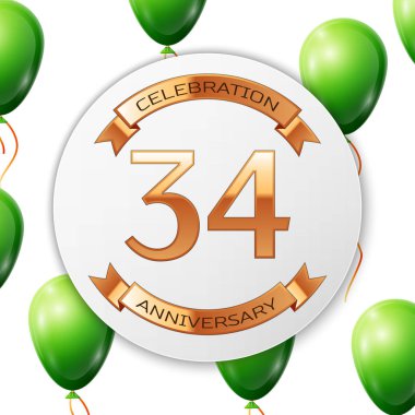 Beyaz daire kağıt afiş altın şerit ile altın sayı otuz dört yıl yıldönümü kutlamaları. Beyaz arka plan üzerinde gerçekçi yeşil balonlar kurdele ile. Vektör çizim.