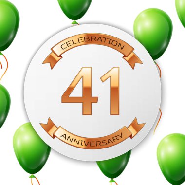 Beyaz daire kağıt afiş altın şerit ile altın sayı kırk bir yıl yıldönümü kutlamaları. Beyaz arka plan üzerinde gerçekçi yeşil balonlar kurdele ile. Vektör çizim.